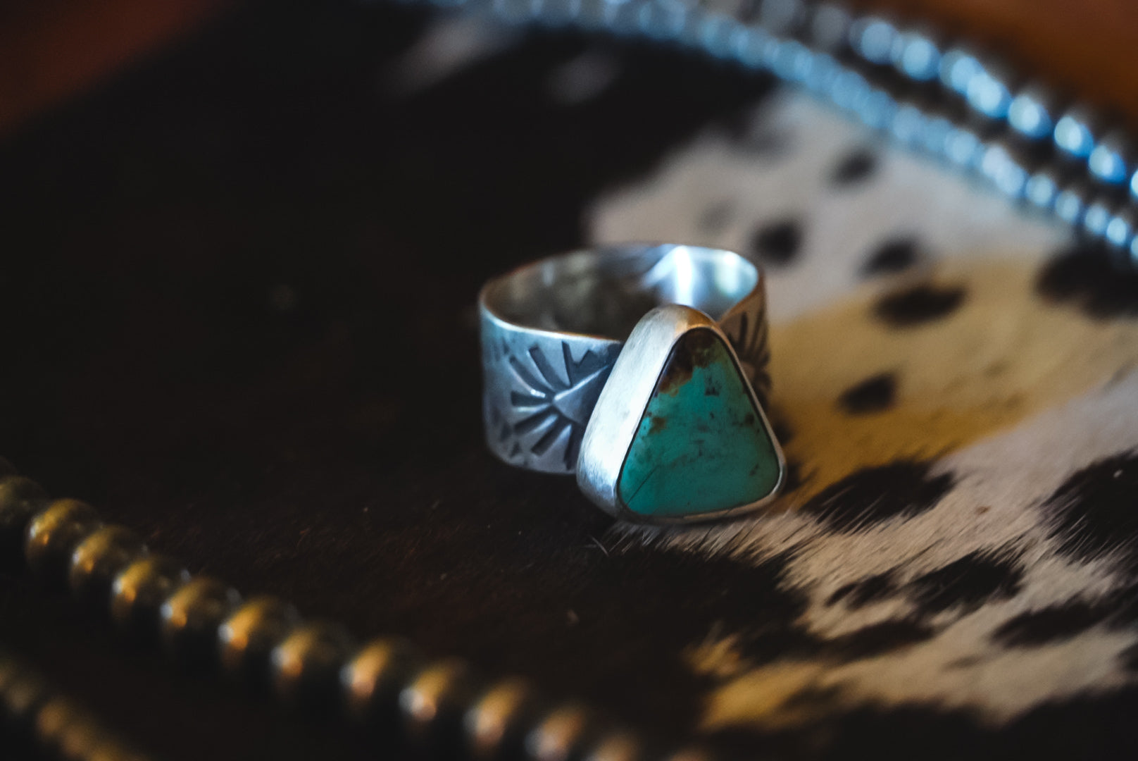 Everyday Weight Handmade Sterling Silver Royston Turquoise Ring | Hand-Stamped Wide-Band Western Ring | Size 8