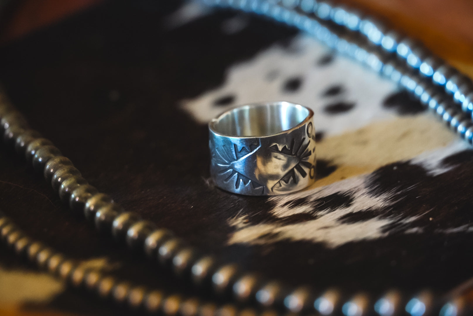 Heirloom Weight Handmade Sterling Silver Hand-Stamped Ring | Wide-Band Western Statement Ring | Size 7.25