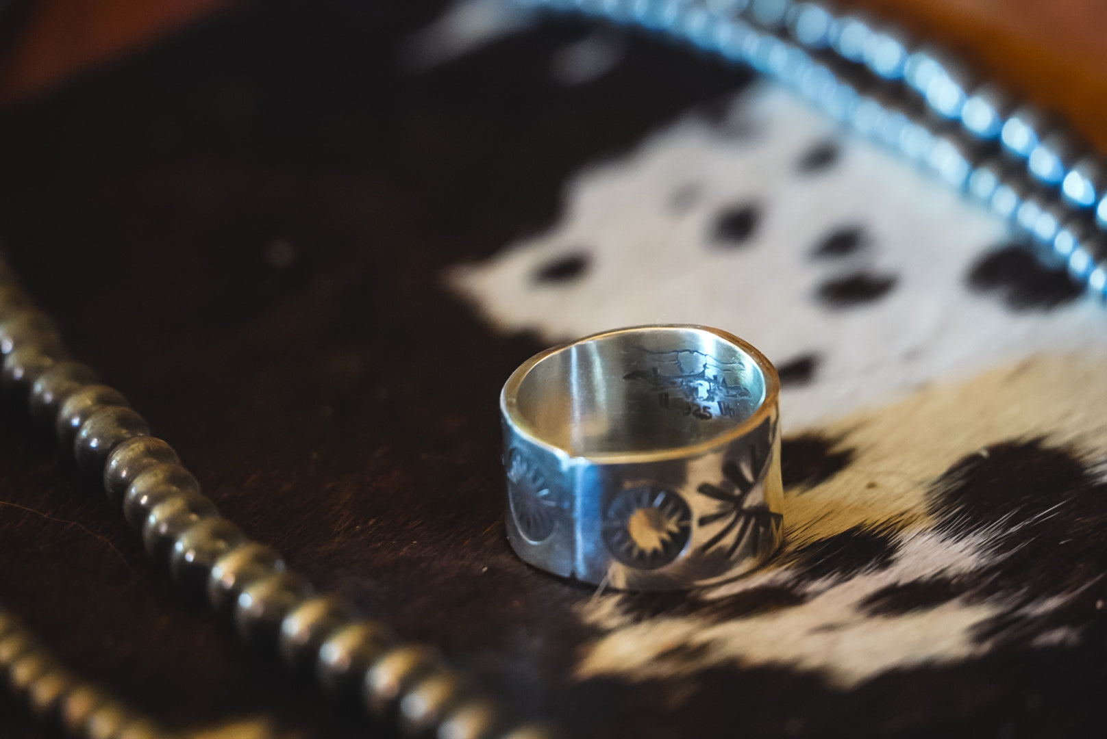 Heirloom Weight Handmade Sterling Silver Hand-Stamped Ring | Wide-Band Western Statement Ring | Size 7.25