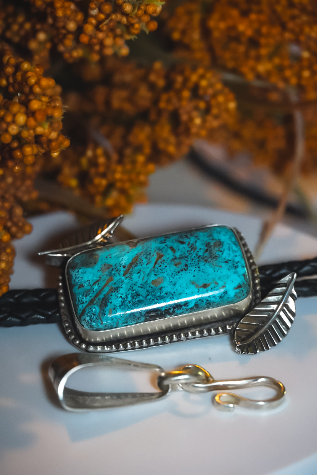 Handmade Sterling Silver Kingman Turquoise Bolo Tie/Pendant | Floral Western Statement Bolo | 36"