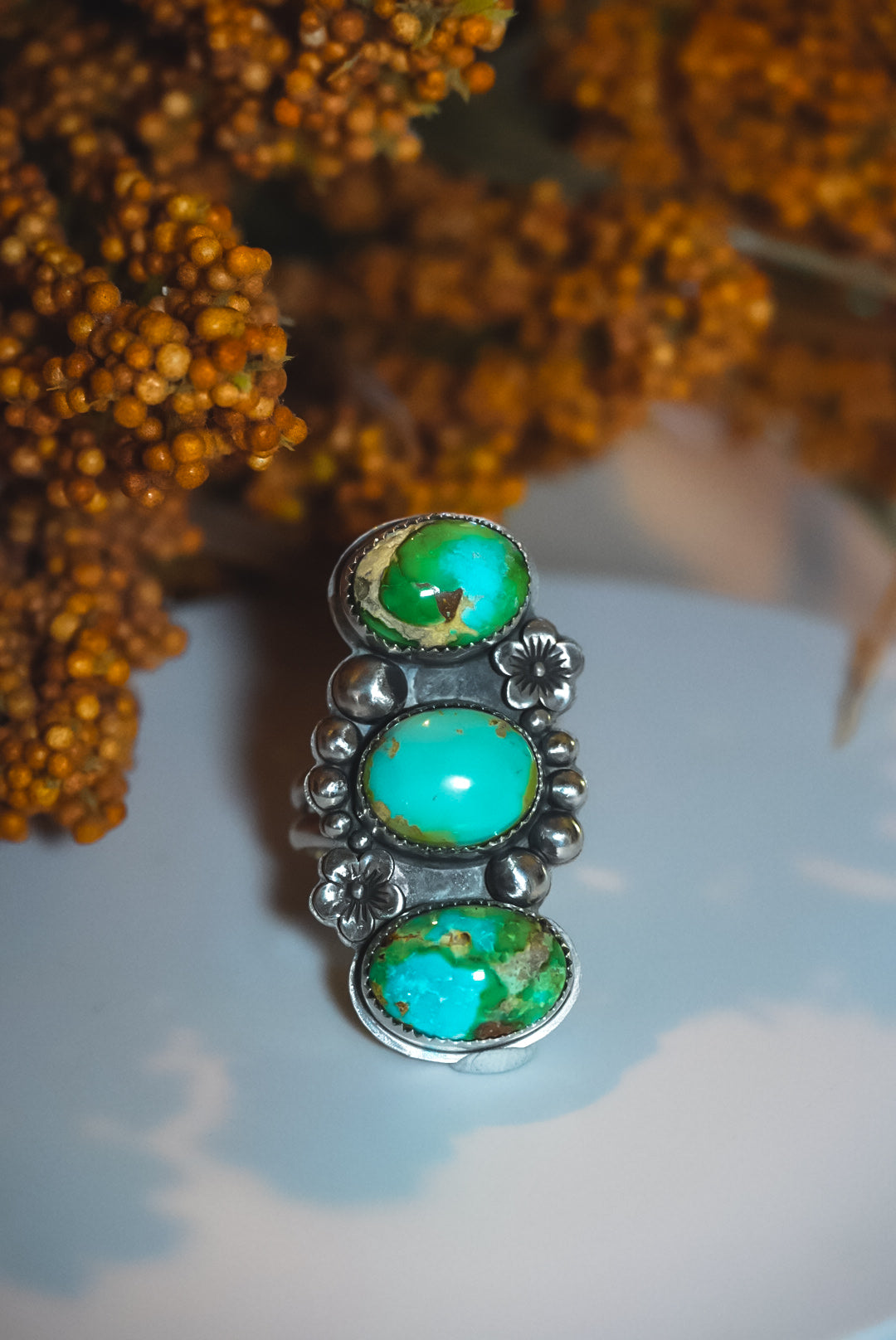 Heirloom Weight Handmade Sterling Silver Sonoran Mountain Turquoise Ring | Triple-Stone Western Statement Ring | Size Adjustable