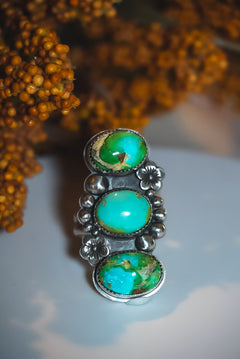 Heirloom Weight Handmade Sterling Silver Sonoran Mountain Turquoise Ring | Triple-Stone Western Statement Ring | Size Adjustable