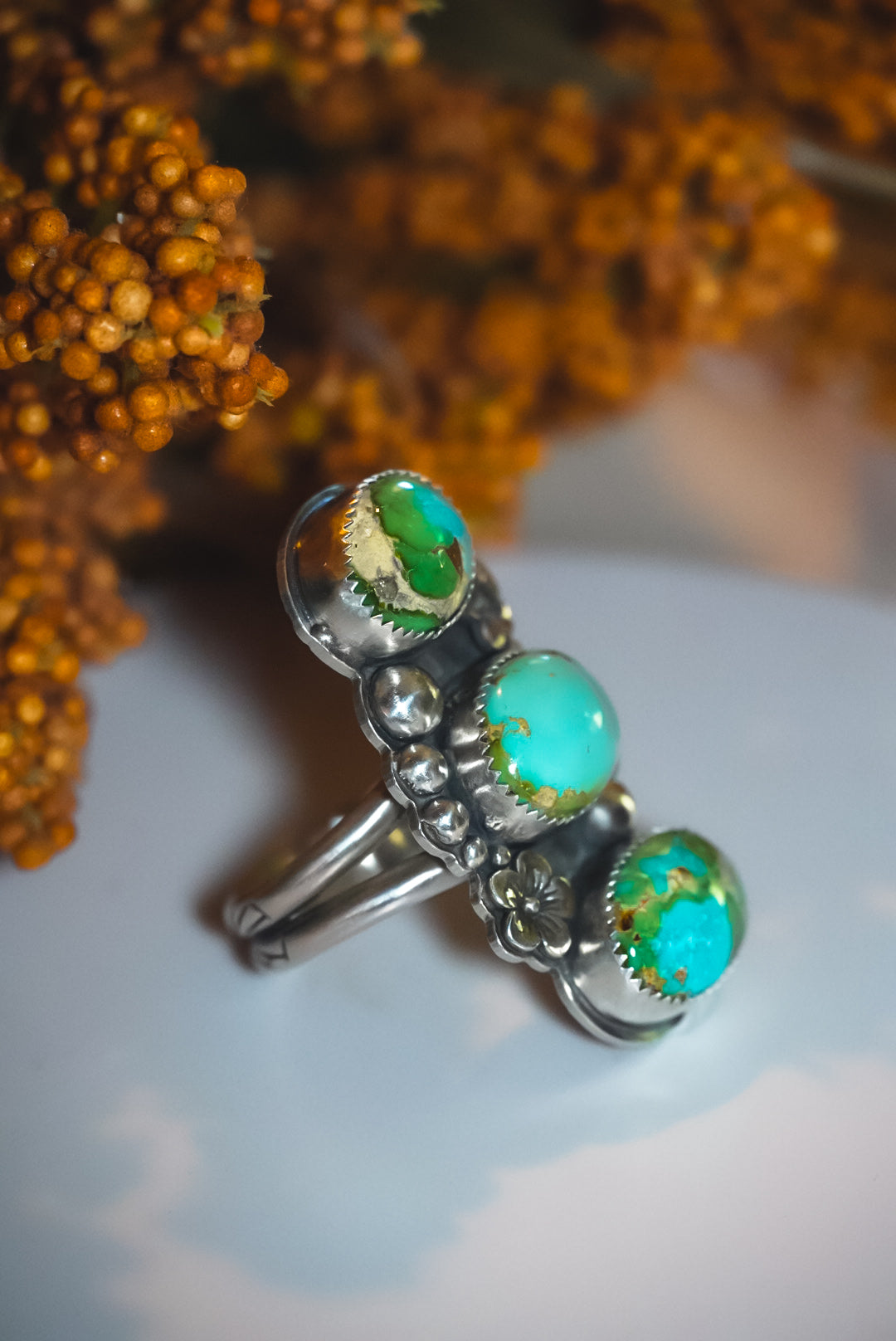 Heirloom Weight Handmade Sterling Silver Sonoran Mountain Turquoise Ring | Triple-Stone Western Statement Ring | Size Adjustable