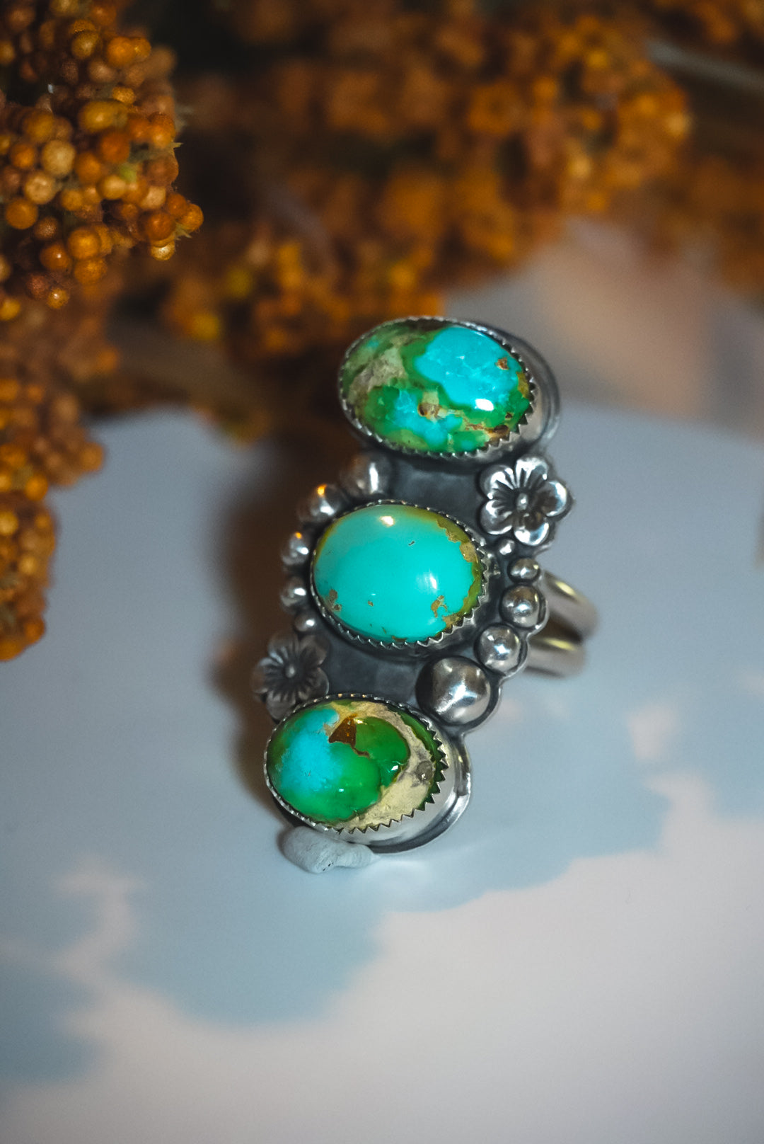 Heirloom Weight Handmade Sterling Silver Sonoran Mountain Turquoise Ring | Triple-Stone Western Statement Ring | Size Adjustable