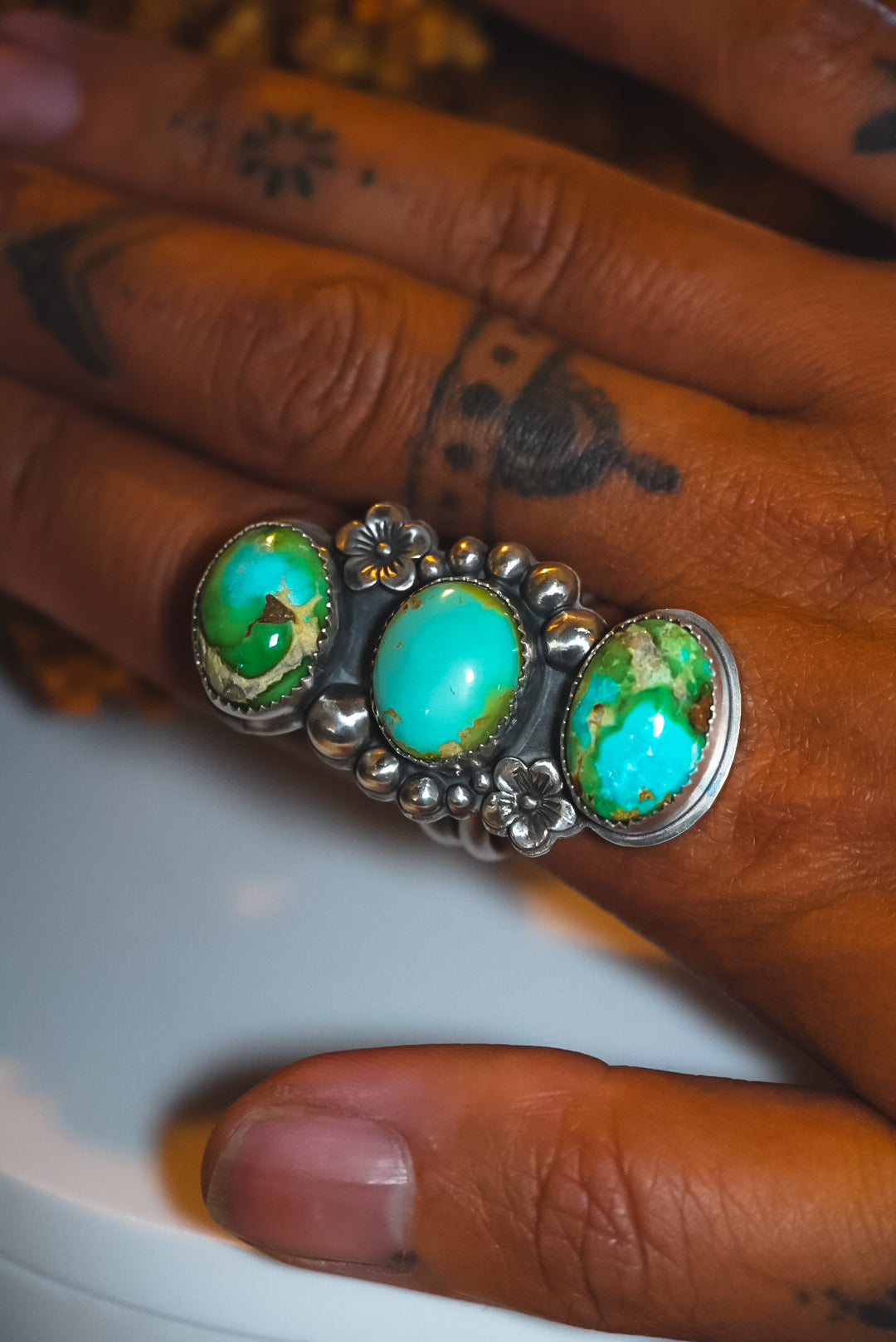Heirloom Weight Handmade Sterling Silver Sonoran Mountain Turquoise Ring | Triple-Stone Western Statement Ring | Size Adjustable