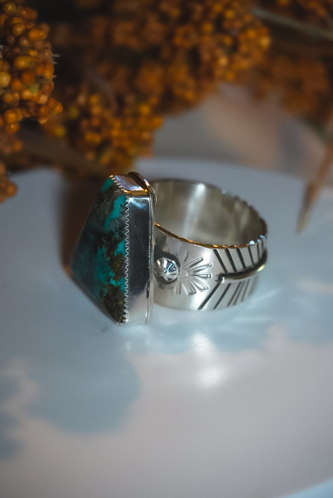 Heirloom Weight Handmade Sterling Silver Hubei Turquoise Ring | Wide-Band Western Statement Ring | Unisex Size 12.75