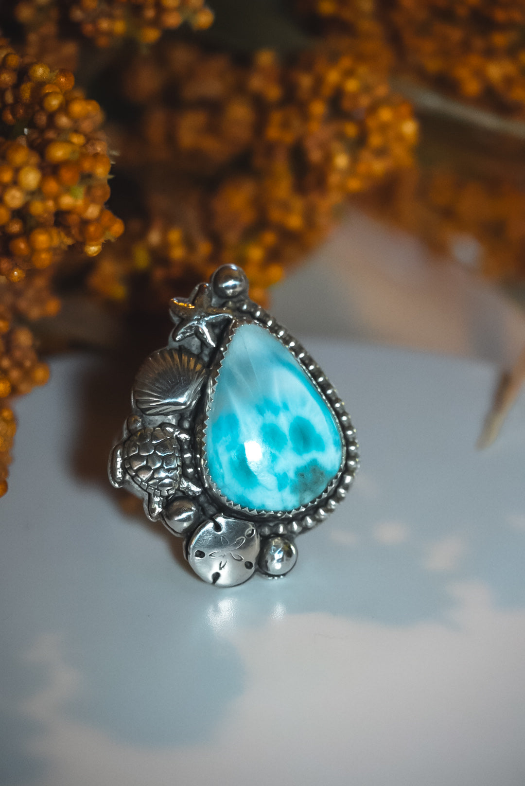 Heirloom Weight Handmade Sterling Silver Larimar Ring | Beach-Inspired Statement Ring | Size Adjustable