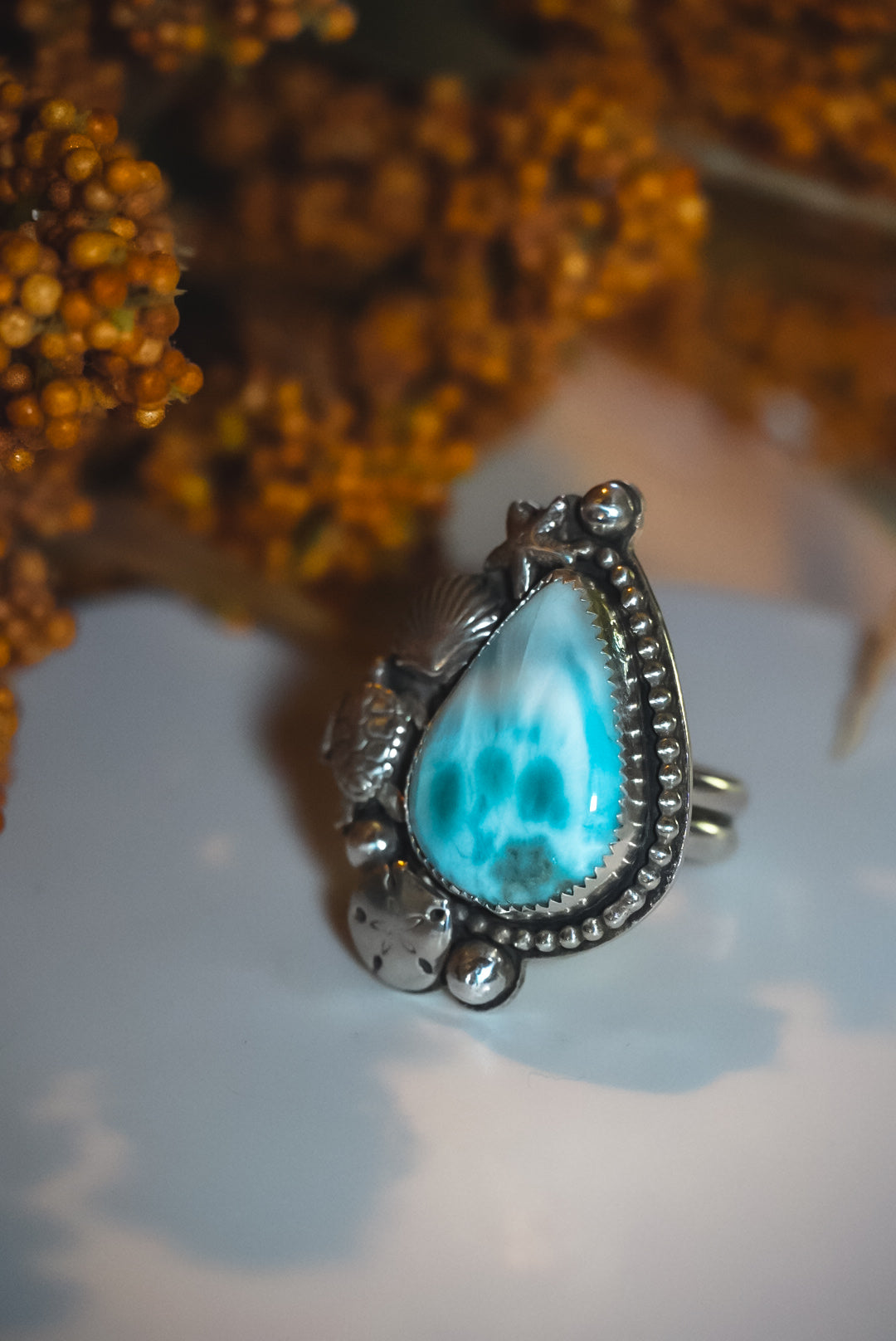 Heirloom Weight Handmade Sterling Silver Larimar Ring | Beach-Inspired Statement Ring | Size Adjustable