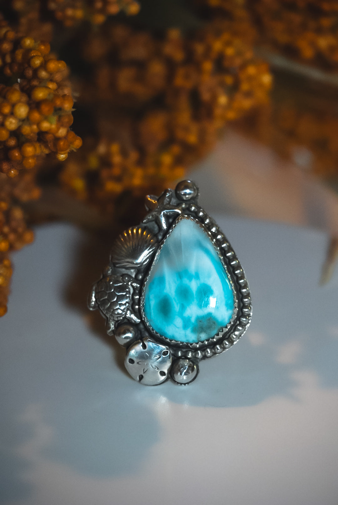 Heirloom Weight Handmade Sterling Silver Larimar Ring | Beach-Inspired Statement Ring | Size Adjustable