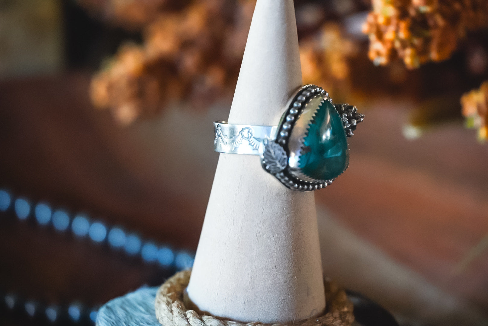 Heirloom Weight Handmade Sterling Silver Polychrome Hubei (Qingu) Turquoise Ring | Hand-Stamped Western Statement Ring | Size 8.75