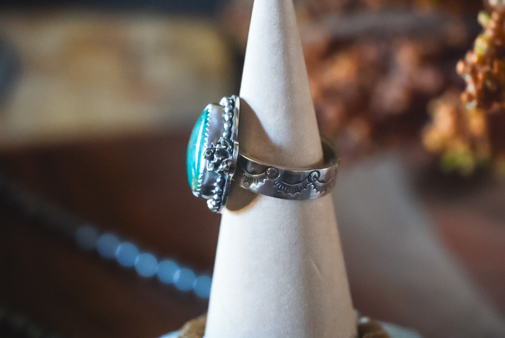 Heirloom Weight Handmade Sterling Silver Polychrome Hubei (Qingu) Turquoise Ring | Hand-Stamped Western Statement Ring | Size 8.75