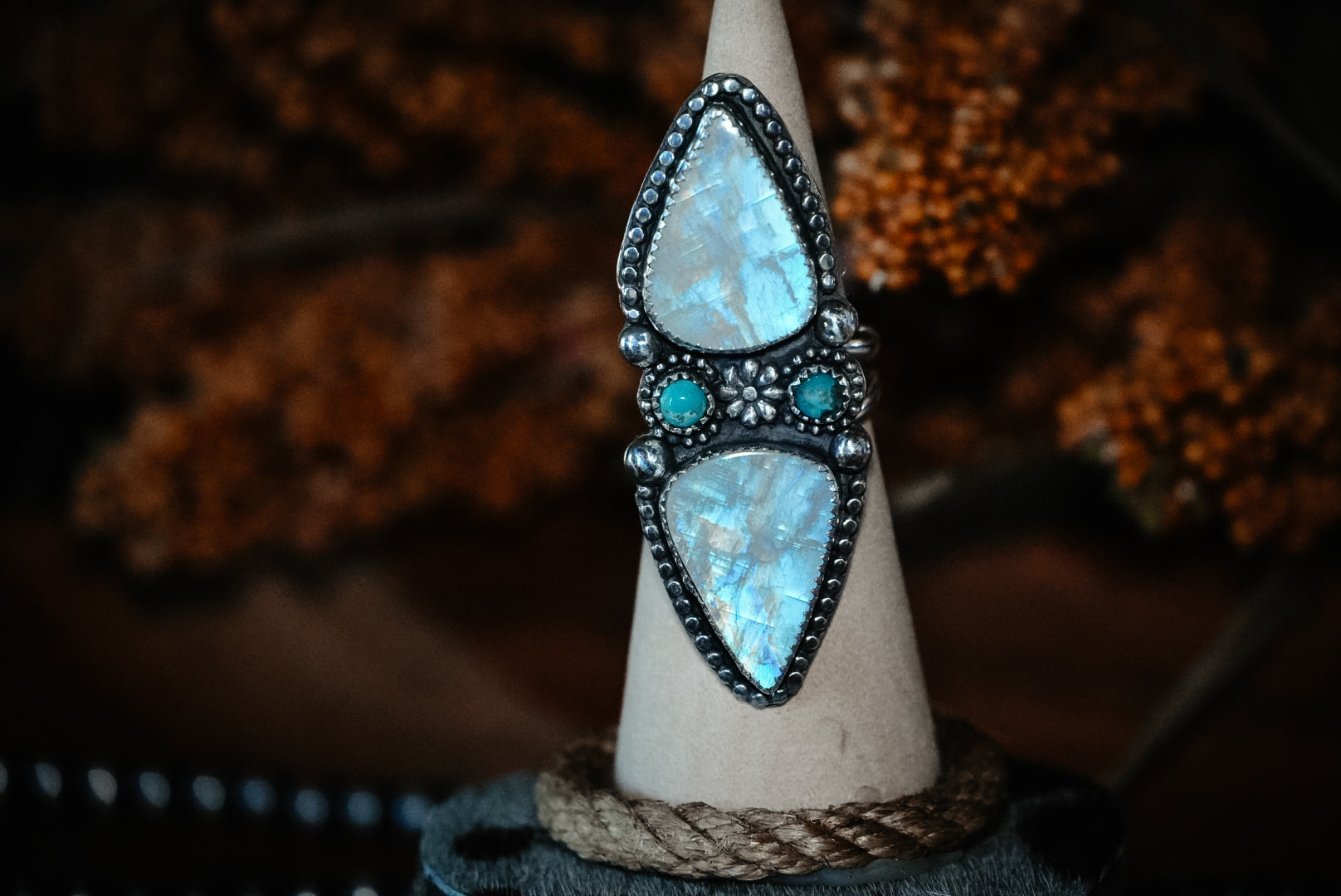 Heirloom Weight Handmade Sterling Silver Moonstone & Kingman Turquoise Ring | Western Statement Ring | Adjustable Size 5–8.5