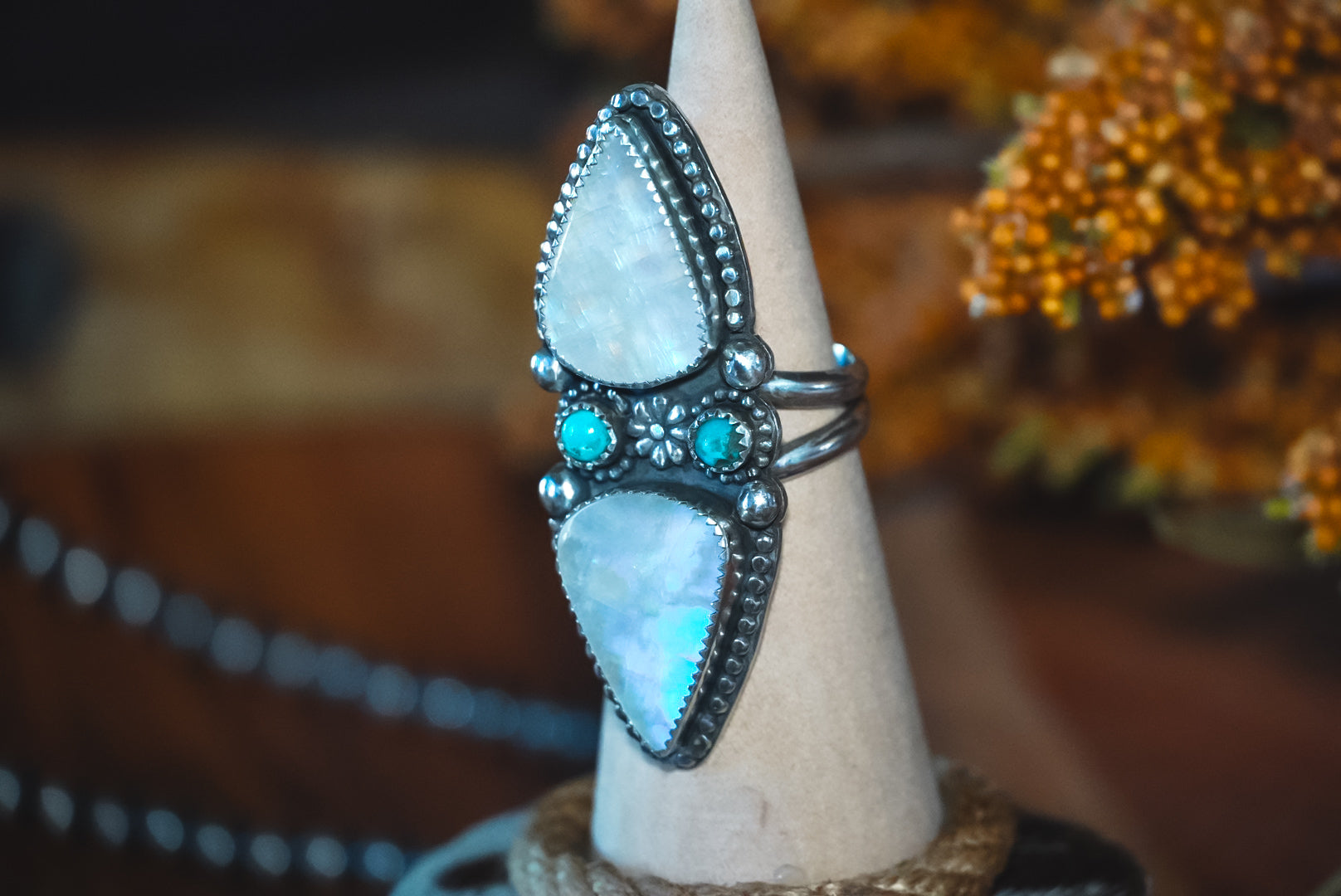 Heirloom Weight Handmade Sterling Silver Moonstone & Kingman Turquoise Ring | Western Statement Ring | Adjustable Size 5–8.5