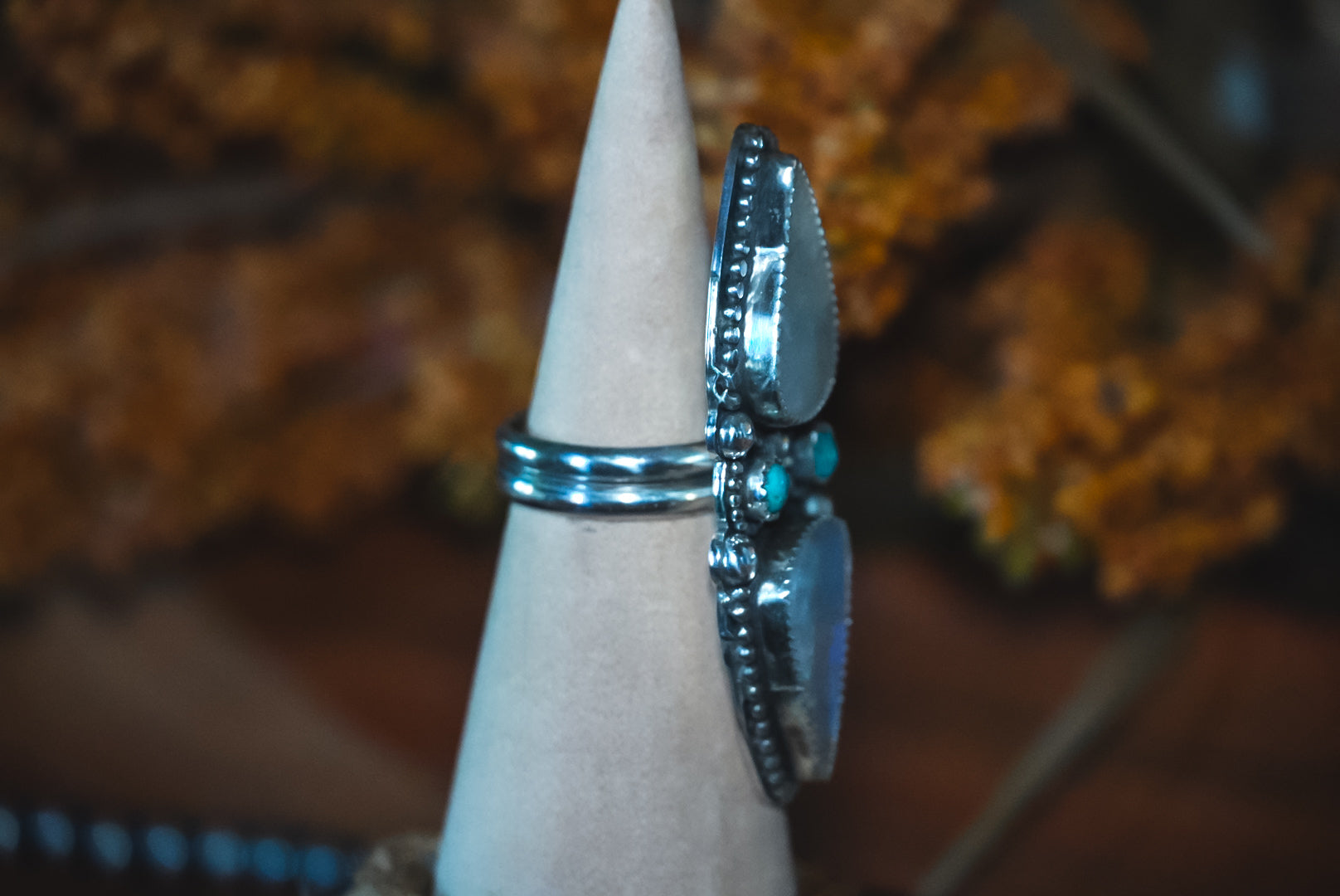 Heirloom Weight Handmade Sterling Silver Moonstone & Kingman Turquoise Ring | Western Statement Ring | Adjustable Size 5–8.5