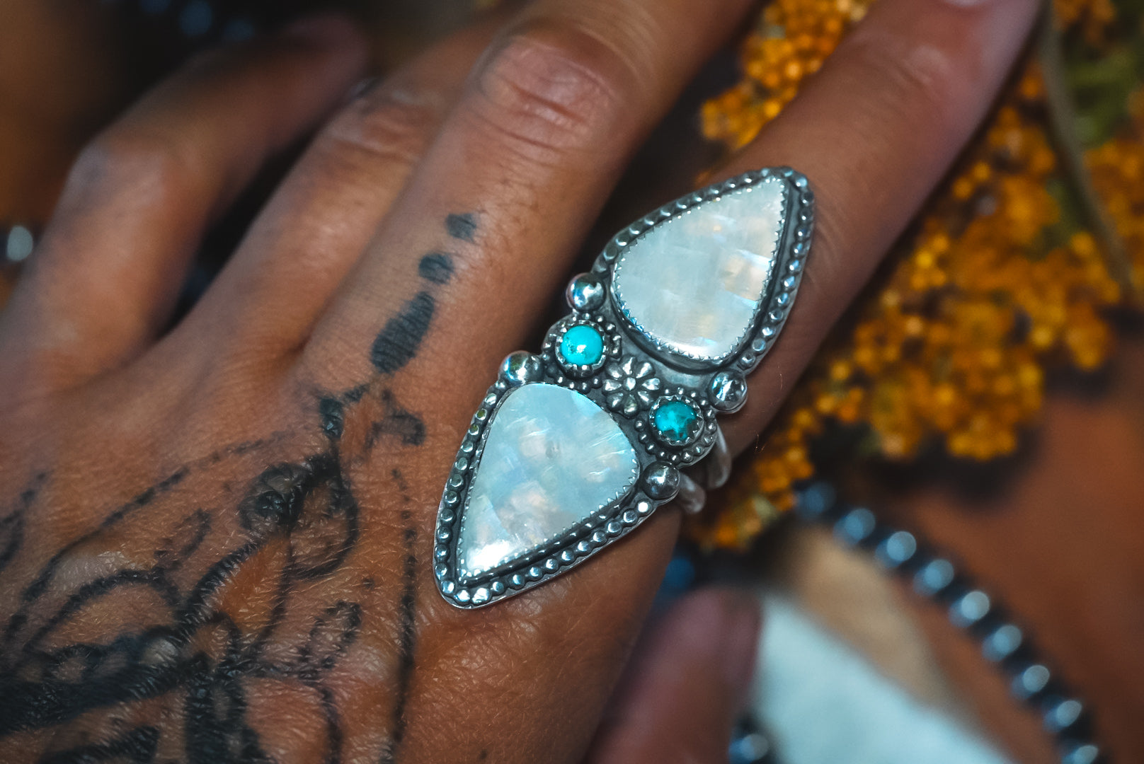 Heirloom Weight Handmade Sterling Silver Moonstone & Kingman Turquoise Ring | Western Statement Ring | Adjustable Size 5–8.5