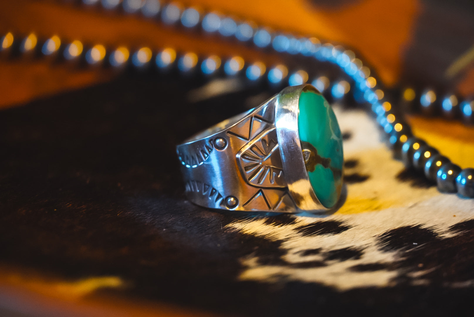 Heirloom Weight Handmade Sterling Silver Kingman Turquoise Ring | Hand-Stamped Unisex Western Ring | Size 11