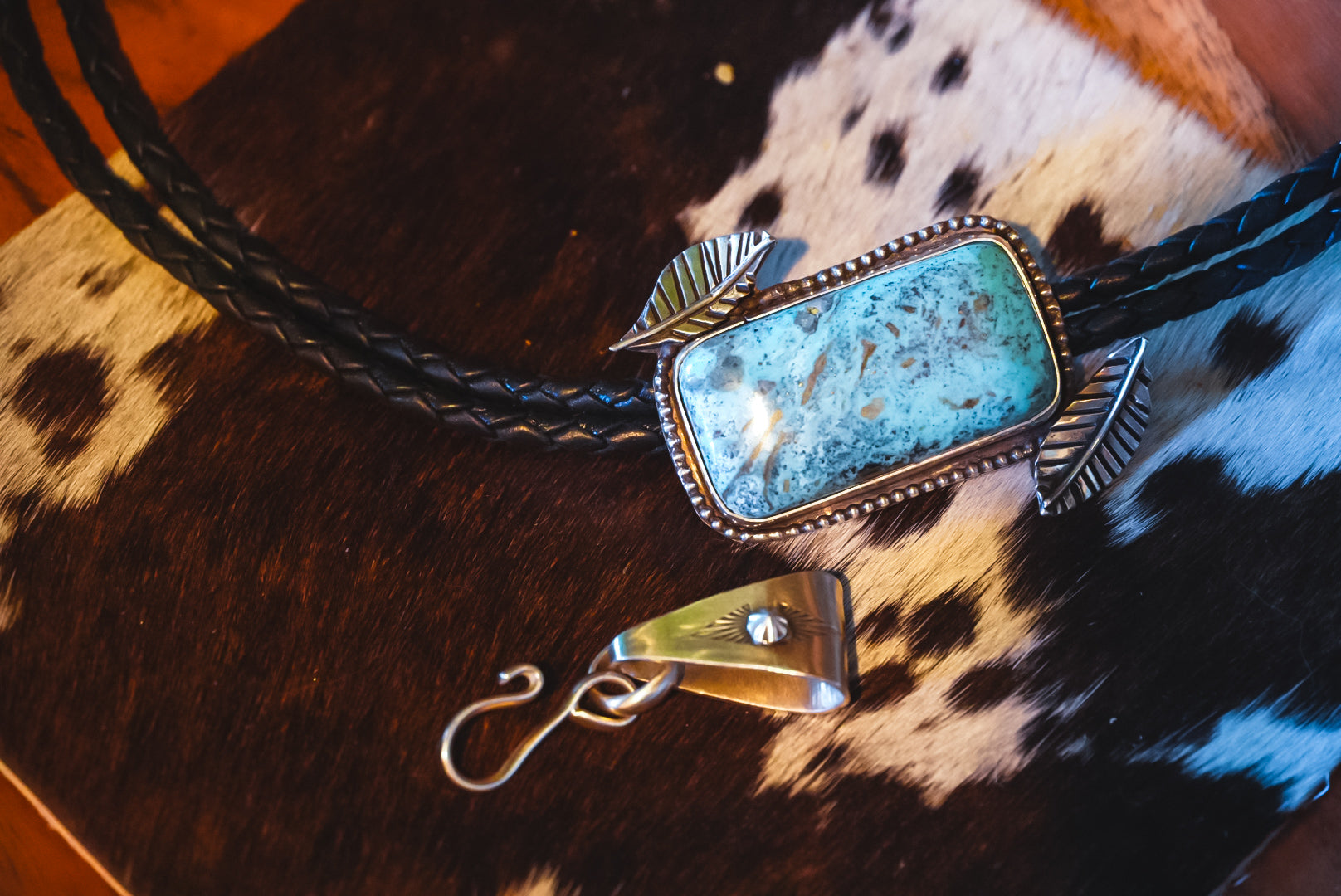 Handmade Sterling Silver Kingman Turquoise Bolo Tie/Pendant | Floral Western Statement Bolo | 36"