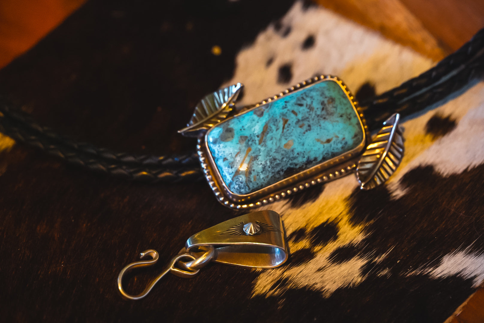 Handmade Sterling Silver Kingman Turquoise Bolo Tie/Pendant | Floral Western Statement Bolo | 36"