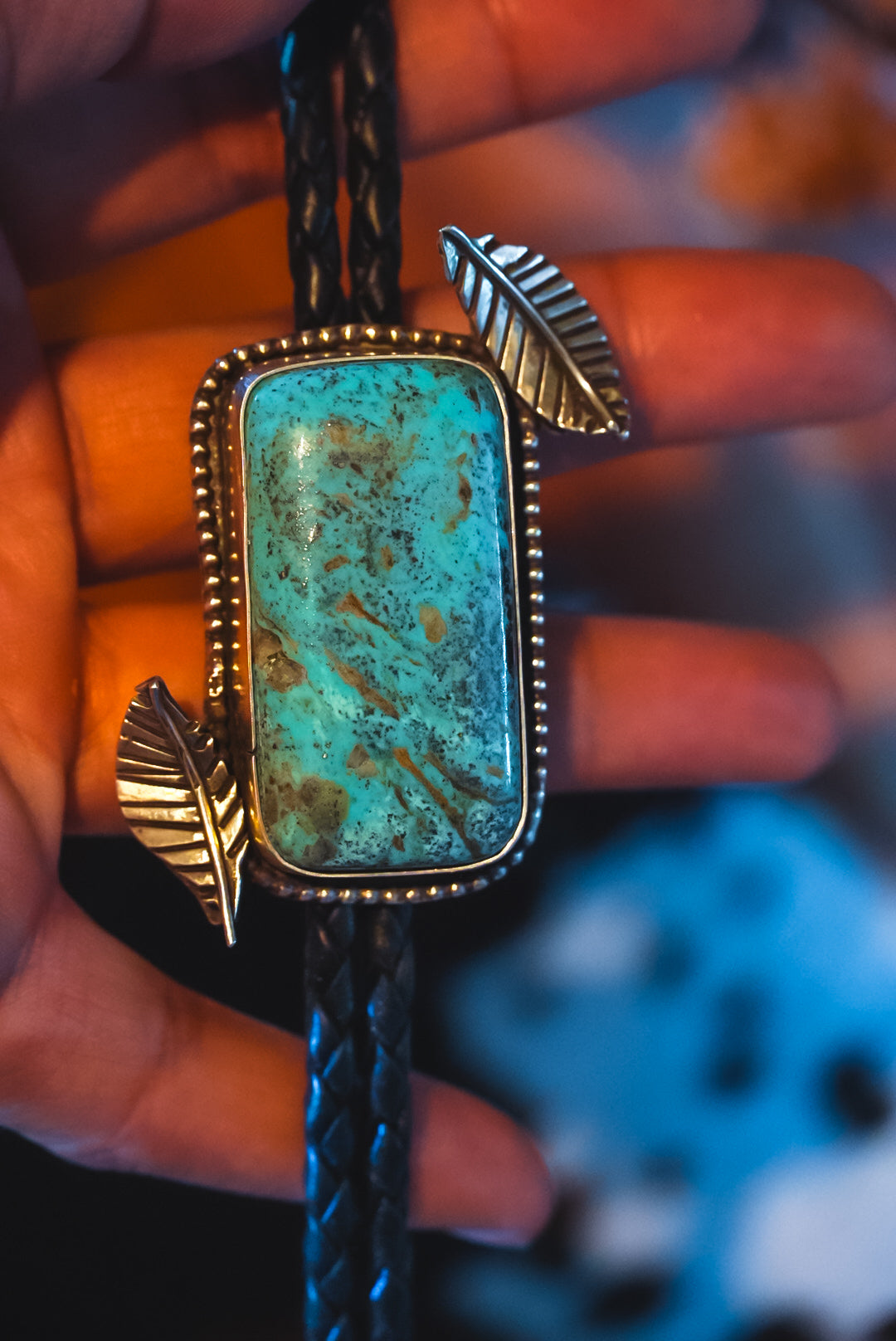 Handmade Sterling Silver Kingman Turquoise Bolo Tie/Pendant | Floral Western Statement Bolo | 36"
