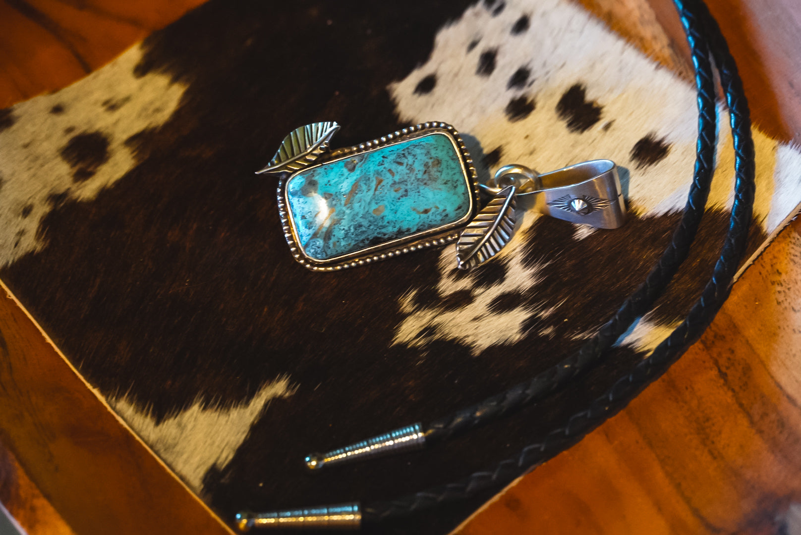 Handmade Sterling Silver Kingman Turquoise Bolo Tie/Pendant | Floral Western Statement Bolo | 36"