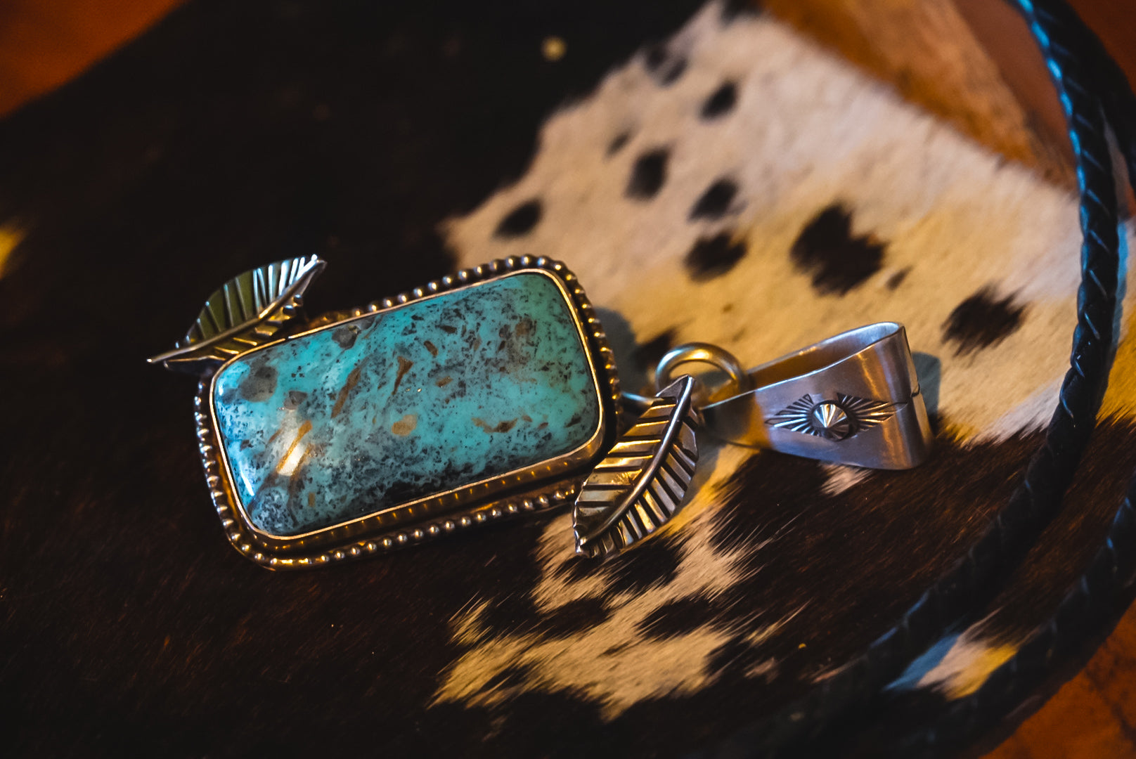 Handmade Sterling Silver Kingman Turquoise Bolo Tie/Pendant | Floral Western Statement Bolo | 36"