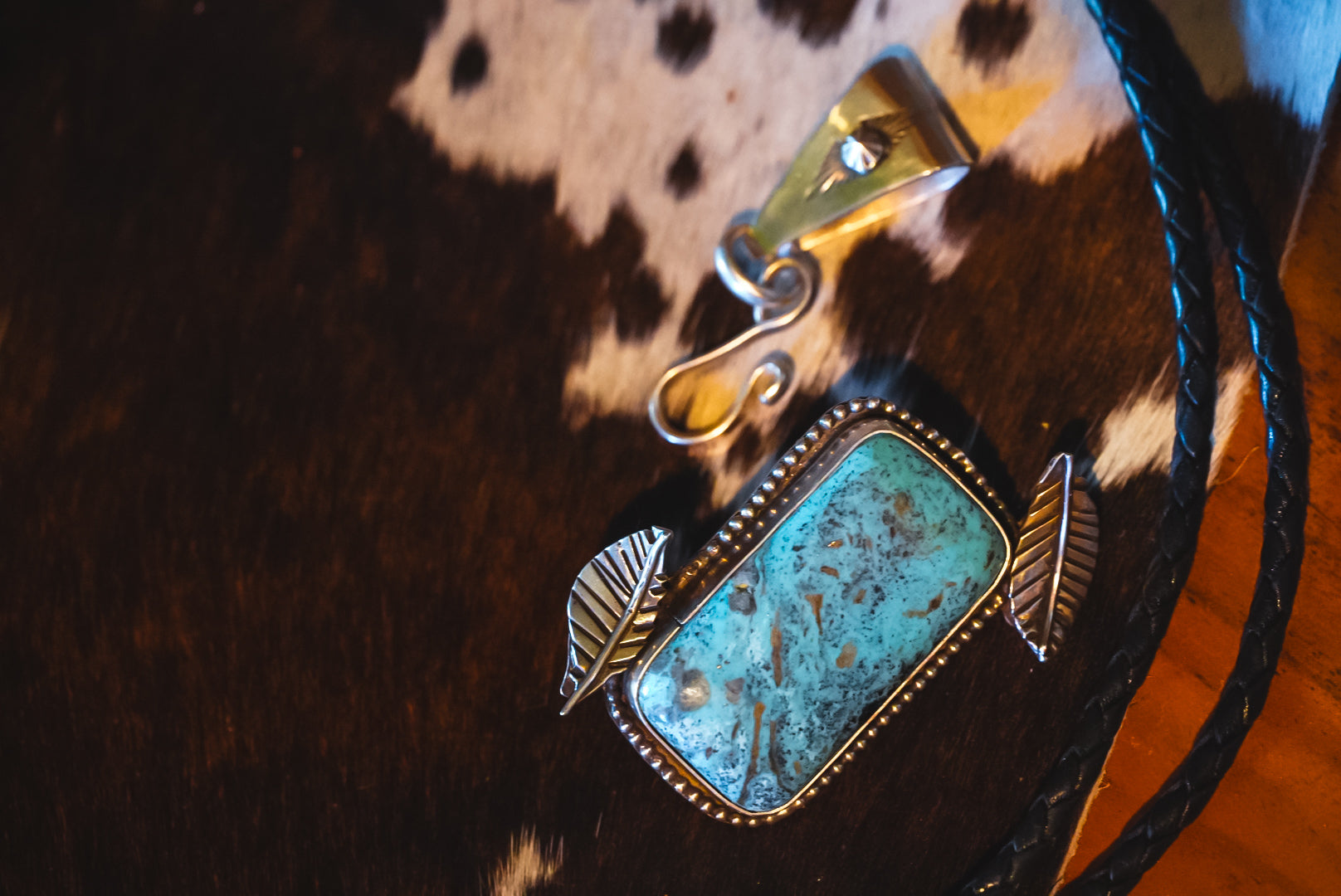 Handmade Sterling Silver Kingman Turquoise Bolo Tie/Pendant | Floral Western Statement Bolo | 36"
