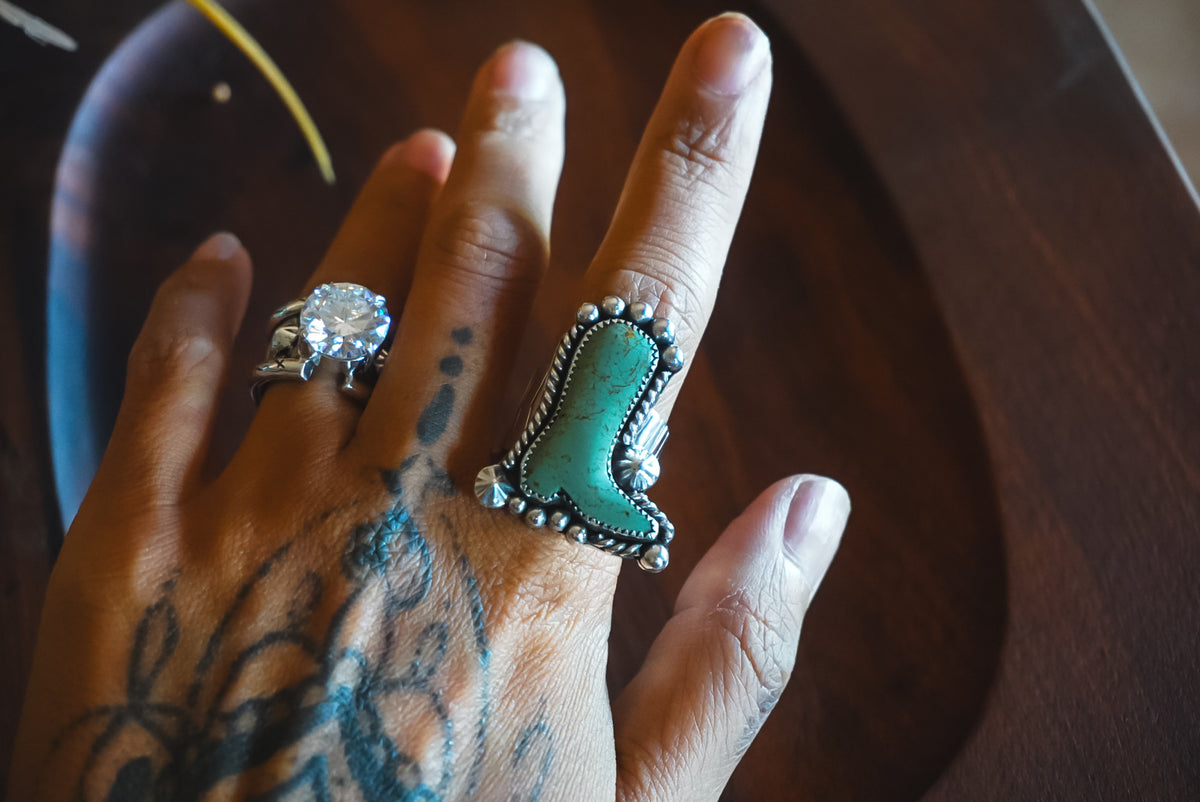 Size 8.25 | Heirloom Weight Handmade Sterling Silver No. 8 Turquoise Boot Ring | Western Statement Ring