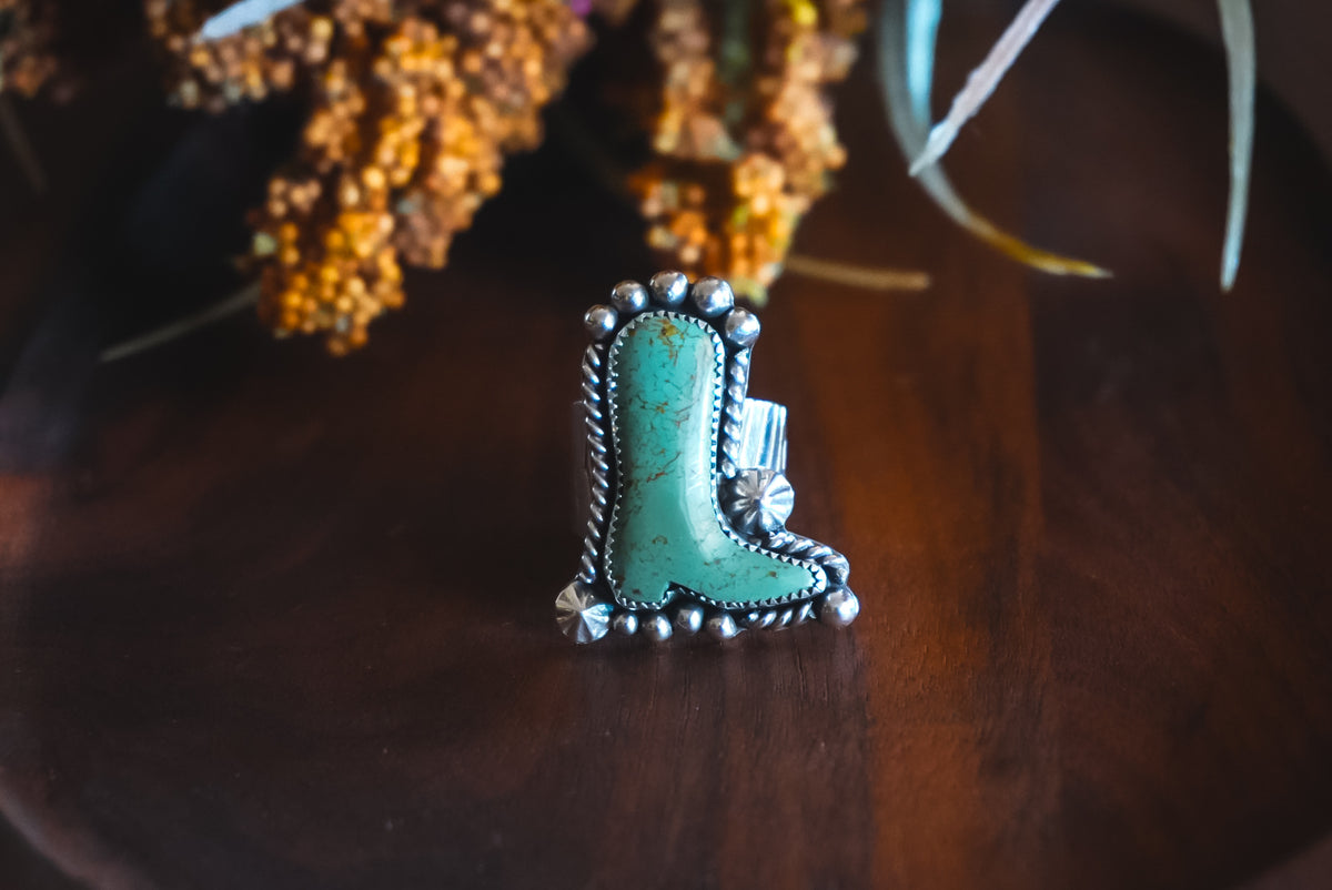 Size 8.25 | Heirloom Weight Handmade Sterling Silver No. 8 Turquoise Boot Ring | Western Statement Ring