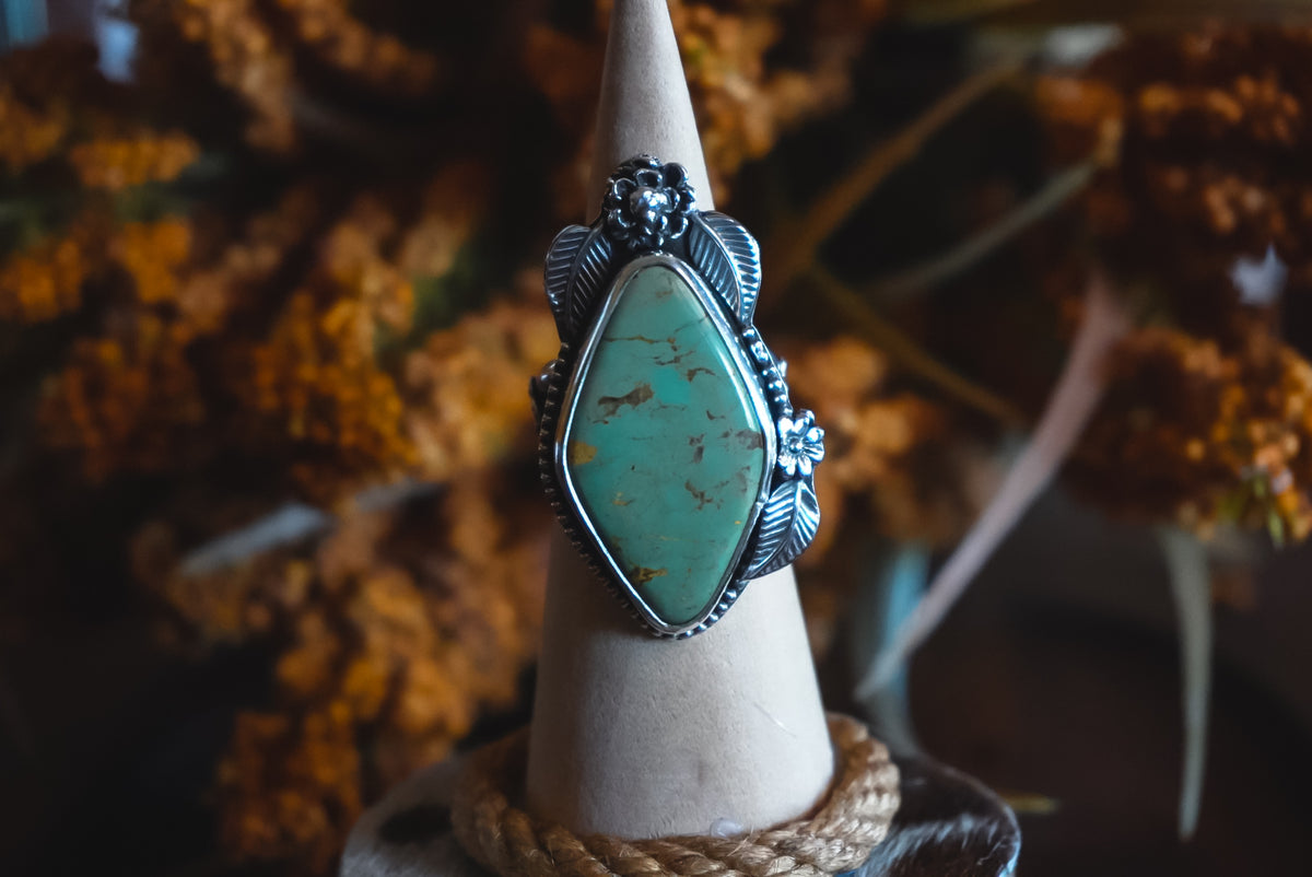 Size 7.25 | Heirloom Weight Handmade Sterling Silver No. 8 Turquoise Ring | Floral Western Statement Ring