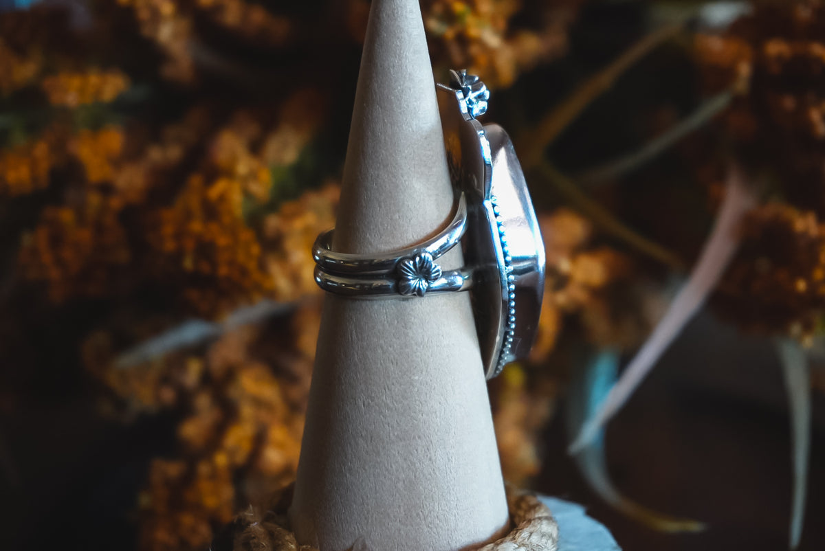Size 7.25 | Heirloom Weight Handmade Sterling Silver No. 8 Turquoise Ring | Floral Western Statement Ring