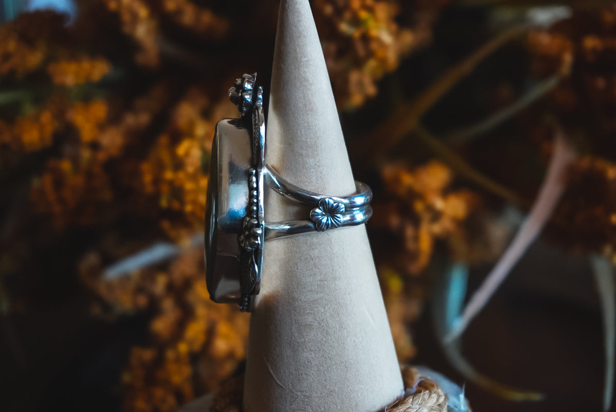 Size 7.25 | Heirloom Weight Handmade Sterling Silver No. 8 Turquoise Ring | Floral Western Statement Ring