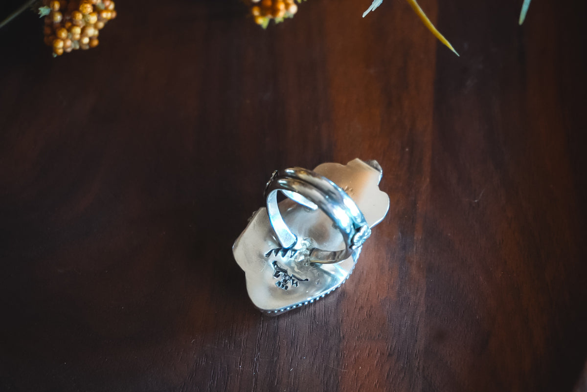 Size 7.25 | Heirloom Weight Handmade Sterling Silver No. 8 Turquoise Ring | Floral Western Statement Ring