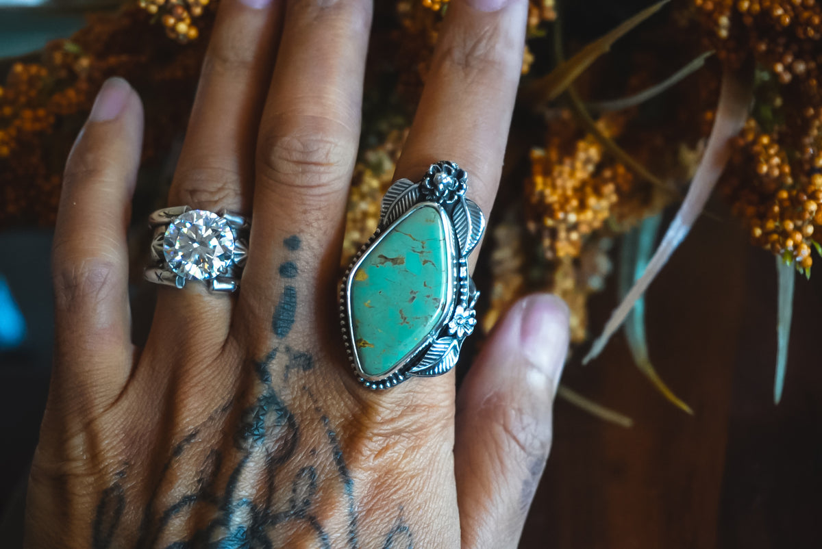 Size 7.25 | Heirloom Weight Handmade Sterling Silver No. 8 Turquoise Ring | Floral Western Statement Ring