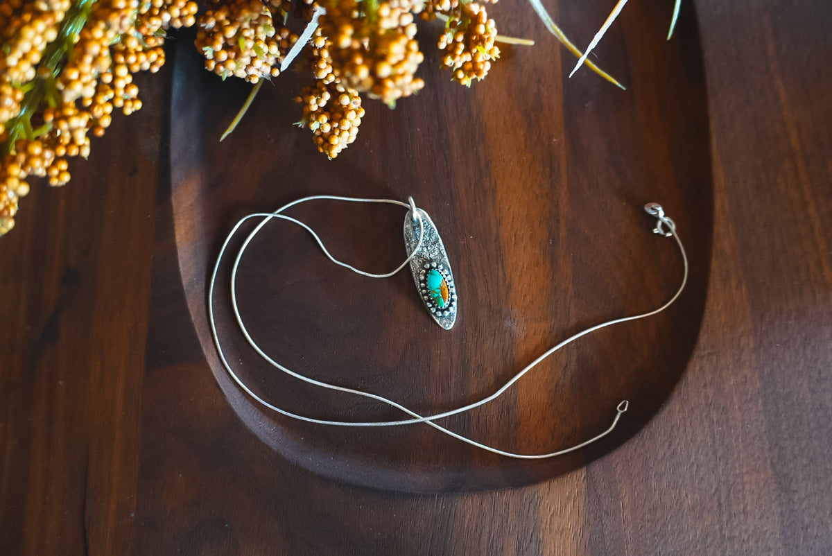 Heirloom Weight Handmade Sterling Silver Kingman Turquoise Necklace | 18" Snake Chain | Western Pendant Necklace