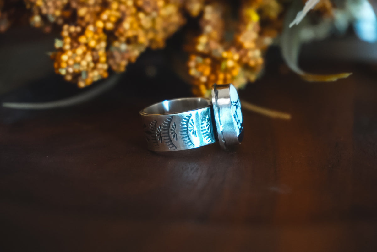 Size 7 | Heirloom Weight Handmade Sterling Silver White Buffalo Ring | Hand-Stamped Western Statement Ring