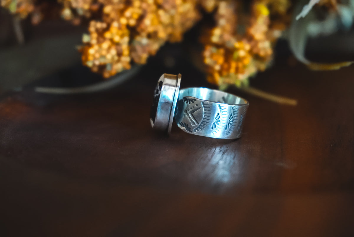 Size 7 | Heirloom Weight Handmade Sterling Silver White Buffalo Ring | Hand-Stamped Western Statement Ring
