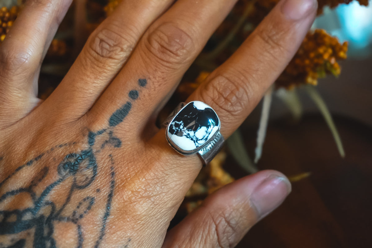Size 7 | Heirloom Weight Handmade Sterling Silver White Buffalo Ring | Hand-Stamped Western Statement Ring