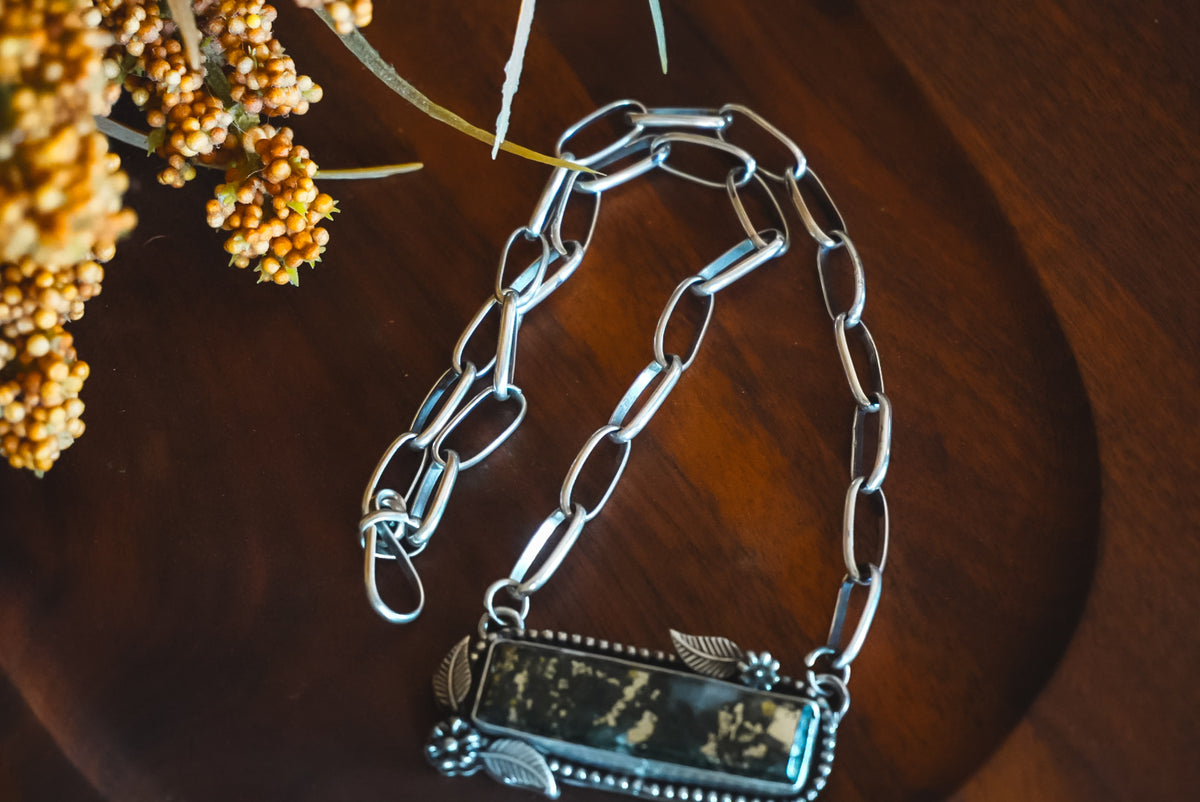 19" | Heirloom Weight Handmade Sterling Silver Josephinite Necklace | Handmade Chain | Floral Western Statement Necklace