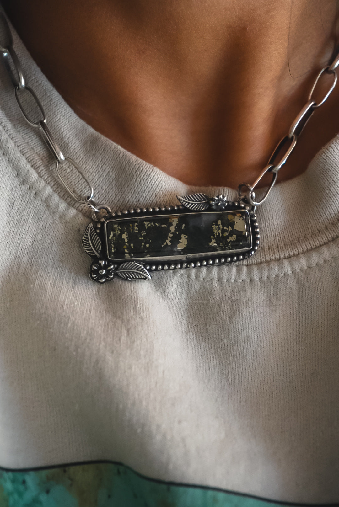 19" | Heirloom Weight Handmade Sterling Silver Josephinite Necklace | Handmade Chain | Floral Western Statement Necklace
