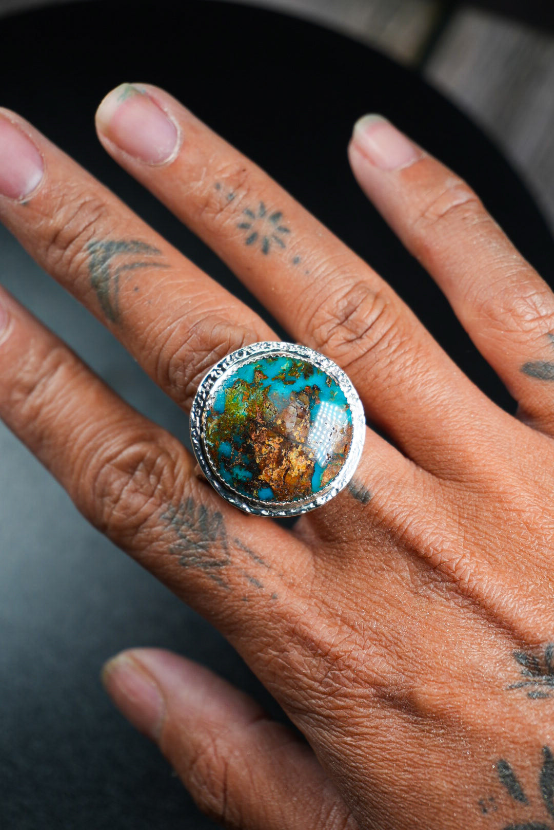 Size 11 | Heirloom Weight Handmade Sterling Silver Kingman Turquoise Ring | Hand-Stamped Floral Western Wide Band Ring