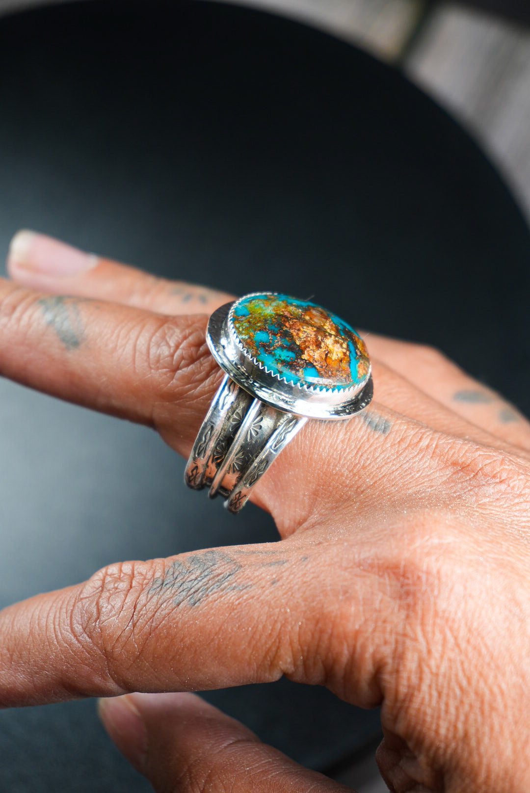 Size 11 | Heirloom Weight Handmade Sterling Silver Kingman Turquoise Ring | Hand-Stamped Floral Western Wide Band Ring