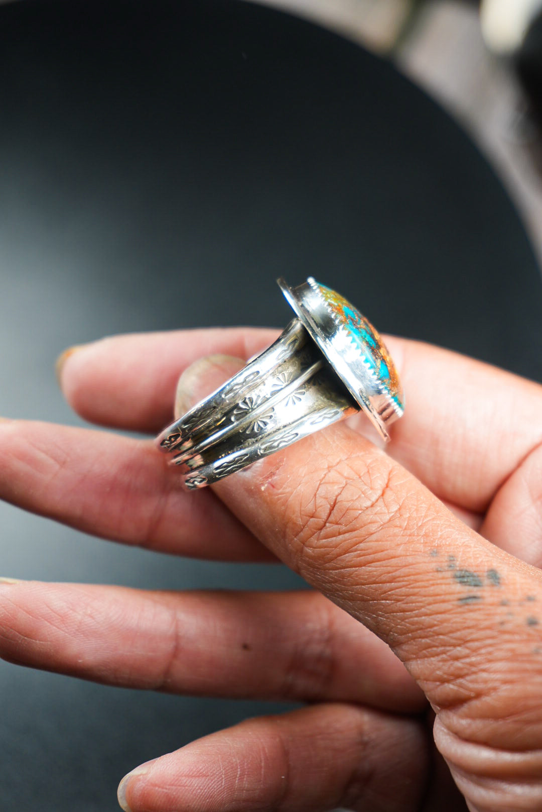 Size 11 | Heirloom Weight Handmade Sterling Silver Kingman Turquoise Ring | Hand-Stamped Floral Western Wide Band Ring