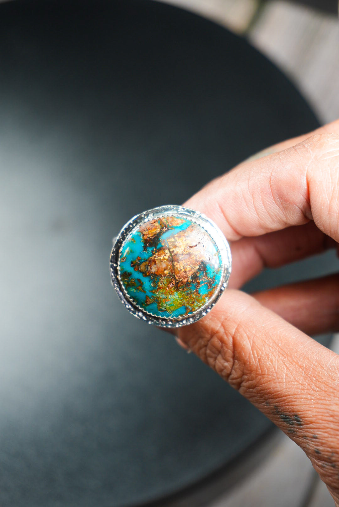 Size 11 | Heirloom Weight Handmade Sterling Silver Kingman Turquoise Ring | Hand-Stamped Floral Western Wide Band Ring