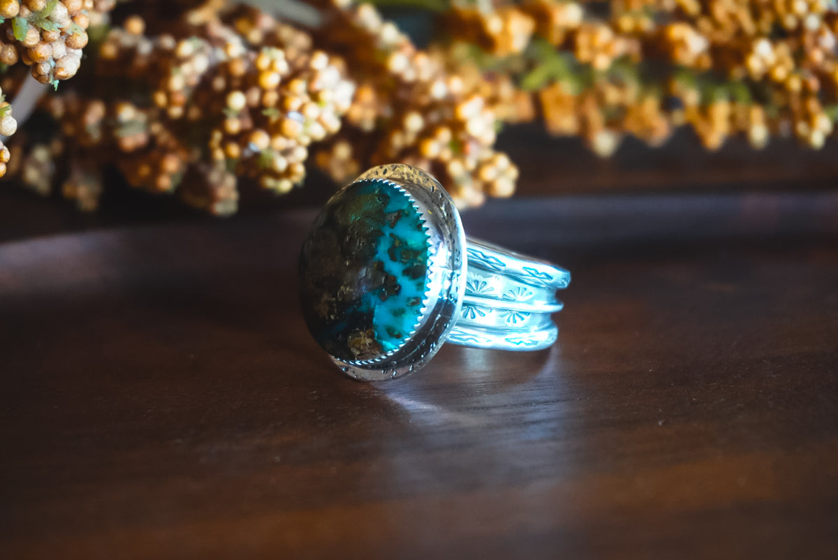 Size 11 | Heirloom Weight Handmade Sterling Silver Kingman Turquoise Ring | Hand-Stamped Floral Western Wide Band Ring