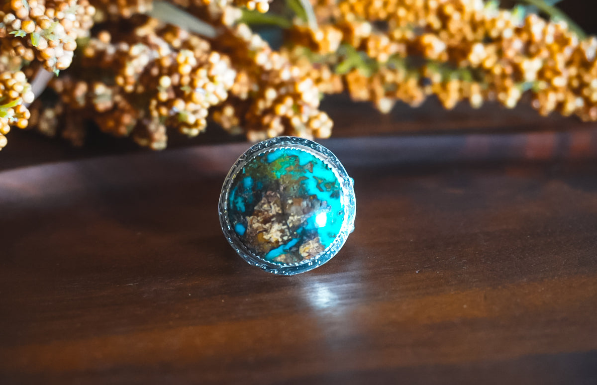 Size 11 | Heirloom Weight Handmade Sterling Silver Kingman Turquoise Ring | Hand-Stamped Floral Western Wide Band Ring