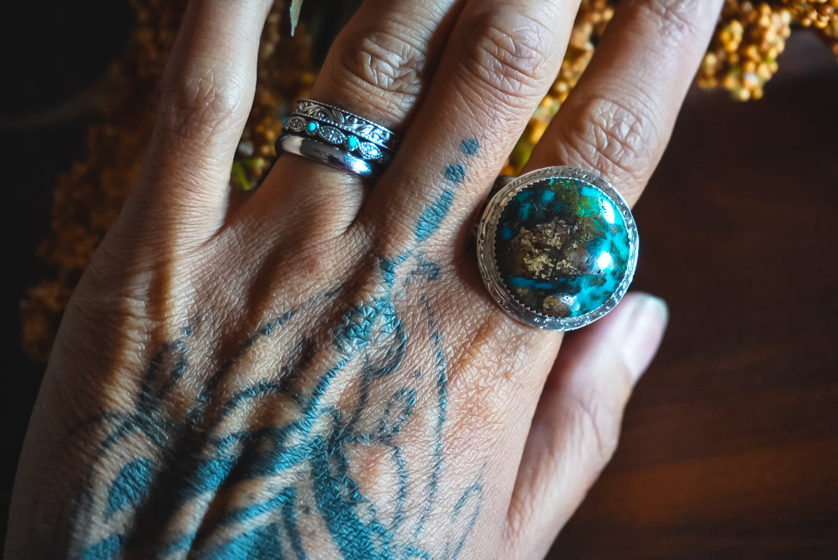 Size 11 | Heirloom Weight Handmade Sterling Silver Kingman Turquoise Ring | Hand-Stamped Floral Western Wide Band Ring