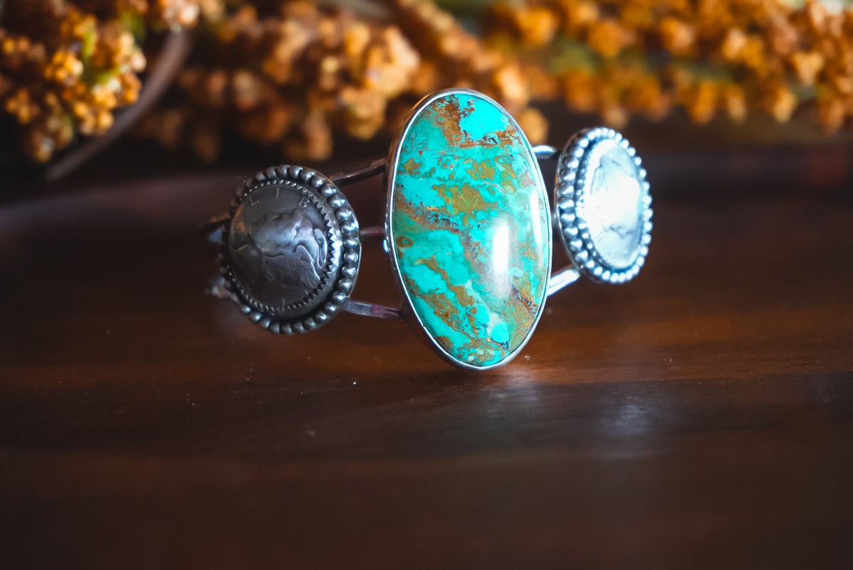 Adjustable | Heirloom Weight Handmade Sterling Silver Kingman Turquoise & Mercury Dime Cuff Bracelet | Western Statement Cuff