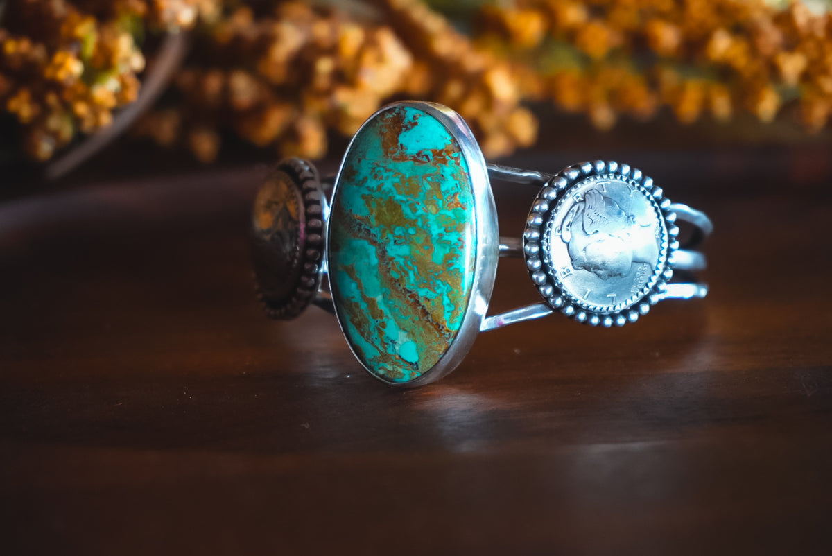 Adjustable | Heirloom Weight Handmade Sterling Silver Kingman Turquoise & Mercury Dime Cuff Bracelet | Western Statement Cuff