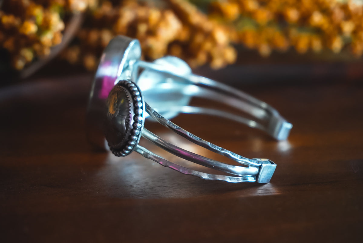 Adjustable | Heirloom Weight Handmade Sterling Silver Kingman Turquoise & Mercury Dime Cuff Bracelet | Western Statement Cuff