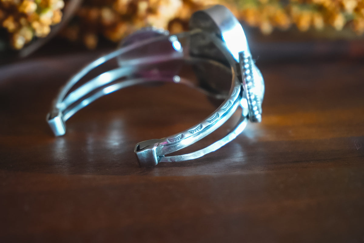 Adjustable | Heirloom Weight Handmade Sterling Silver Kingman Turquoise & Mercury Dime Cuff Bracelet | Western Statement Cuff